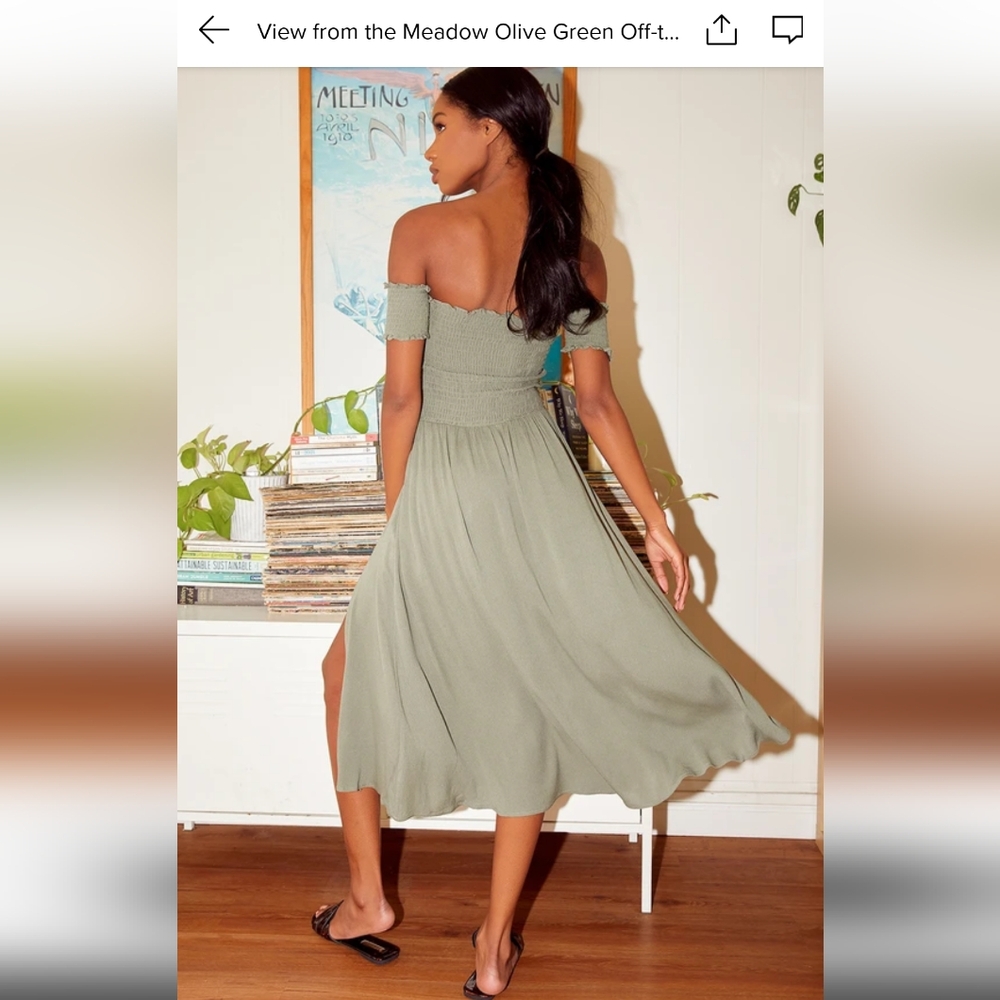 Lulus View From The Meadow Olive Green Off-the-shoulder Dress - Size L - Picture 9 of 10
